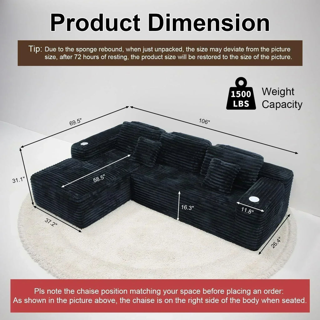 Cloud section sofa with L-shaped recliner modern modular sofa built-in cup holder wourant