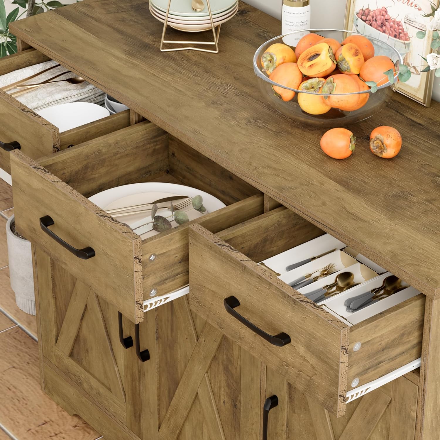 Modern farmhouse sideboard barn door buffet storage cabinet with drawers and shelves wourant