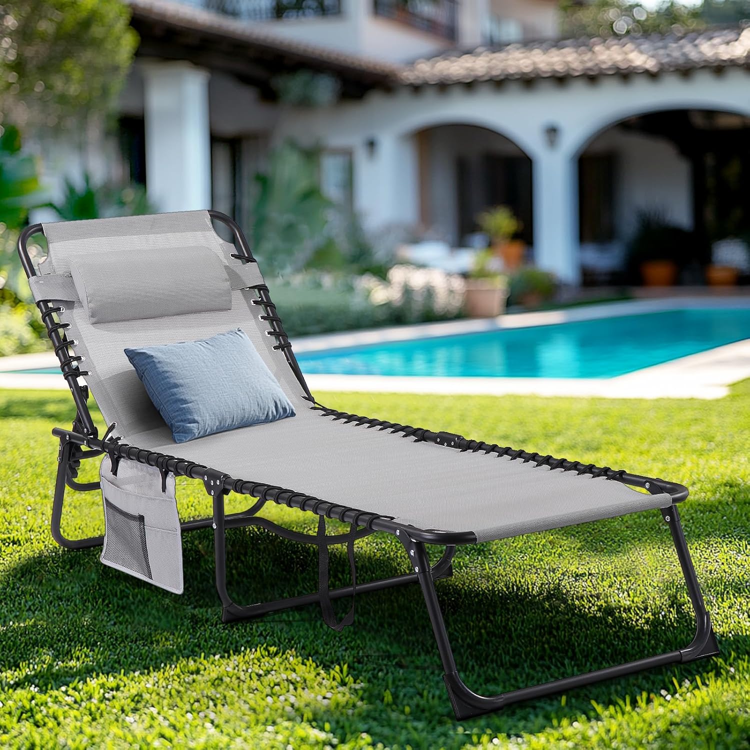 Unovivy Outdoor Chaise Lounge Chairs Portable Folding Pool Lounge Chair with Reclining Back wourant