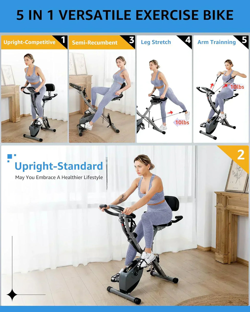 Foldable Exercise Bike Stationary Bikes  5 IN 1 Indoor Workout Cycling Bike Quiet Magnetic Resistance wourant