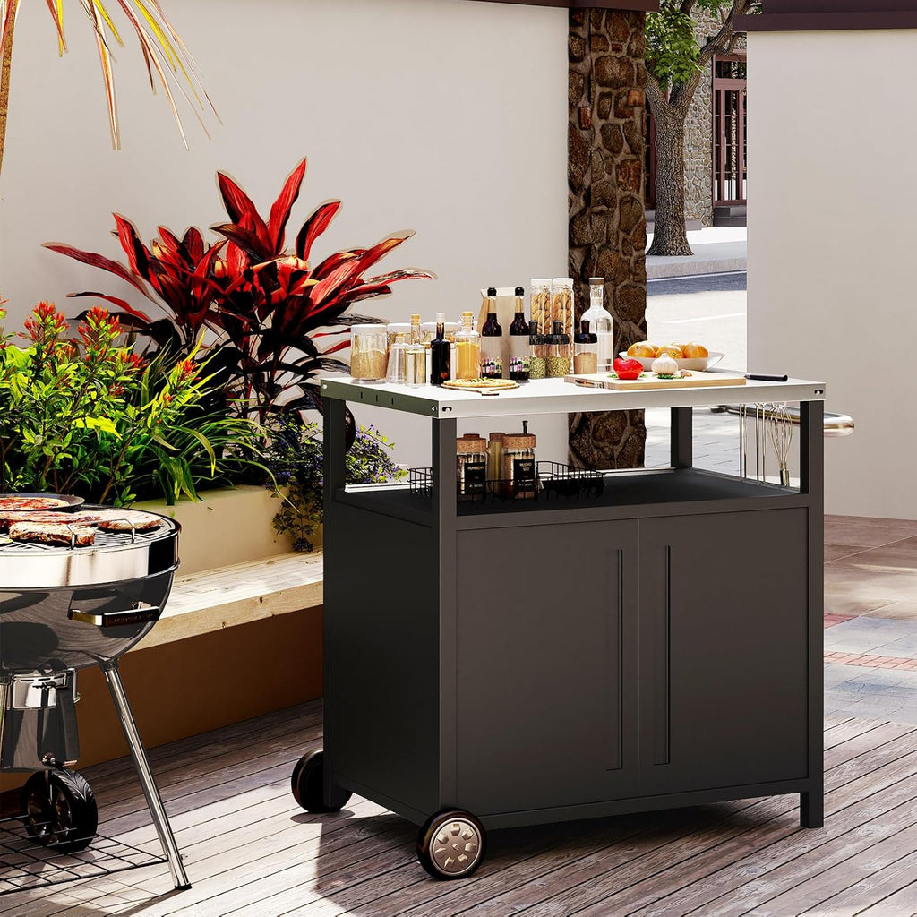 Stainless Steel Outdoor Grill Cart Pizza Oven Stand Trolley Table with Wheels Three-Shelf wourant