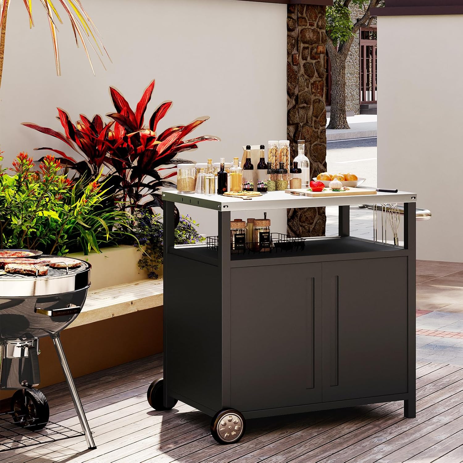 Stainless Steel Outdoor Grill Cart Pizza Oven Stand Trolley Table with Wheels Three-Shelf wourant