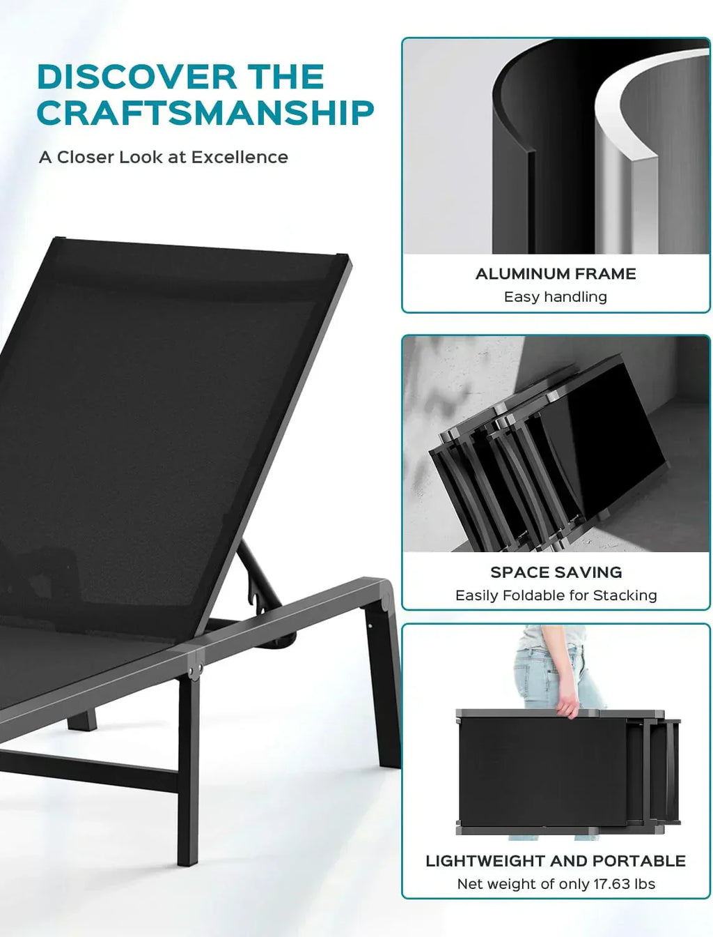 Aluminum Chaise Lounge Outdoor Foldable Assemble Free Outdoor Lounge Chair 5 Adjustable Backrest wourant