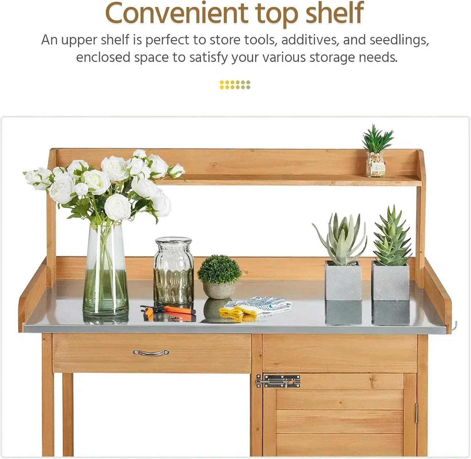 Yaheetech Outdoor Garden Potting Bench Table Work Bench Metal Tabletop Cabinet Drawer wourant