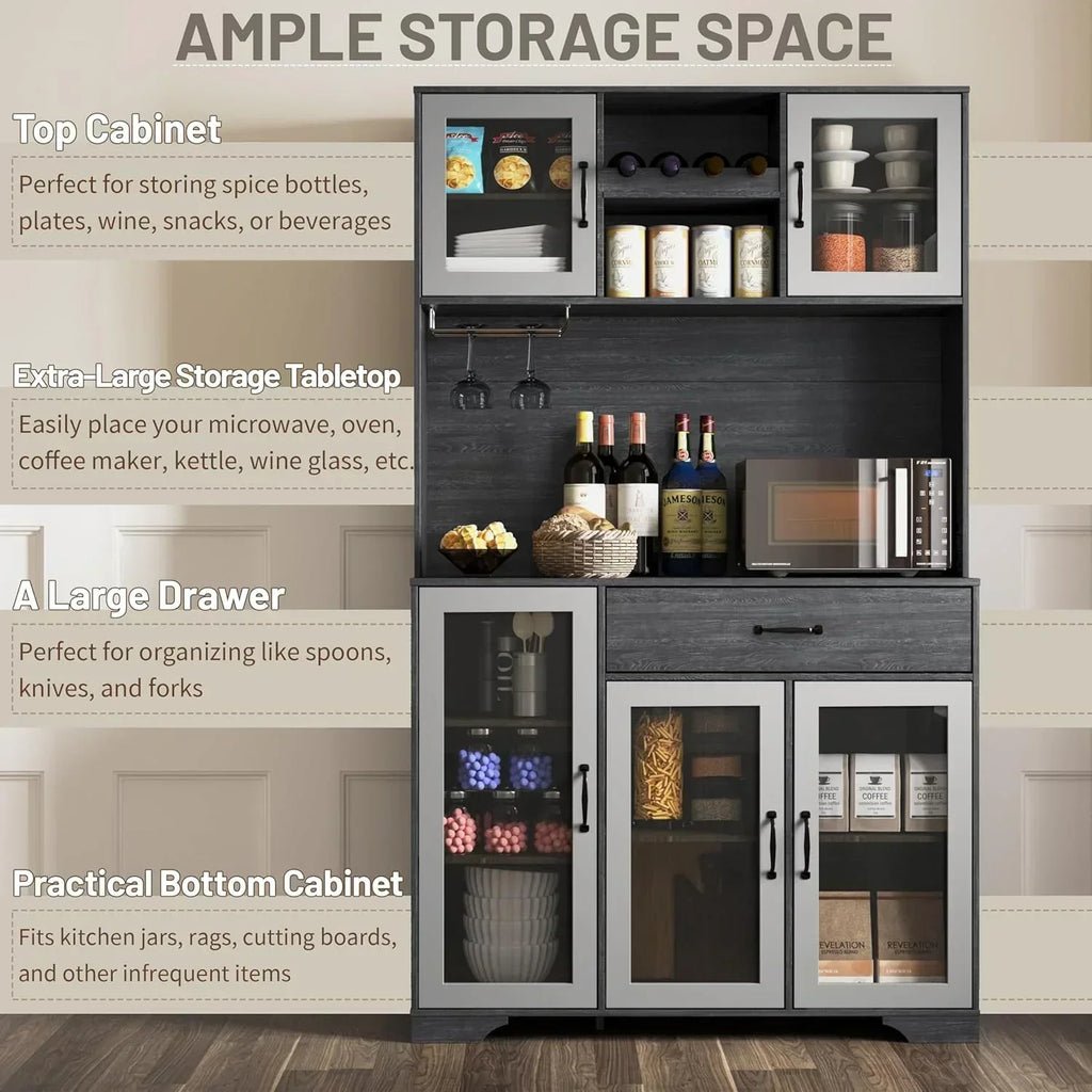 Kitchen Hutch Pantry Cabinet 71" Tall with Glass Doors wourant