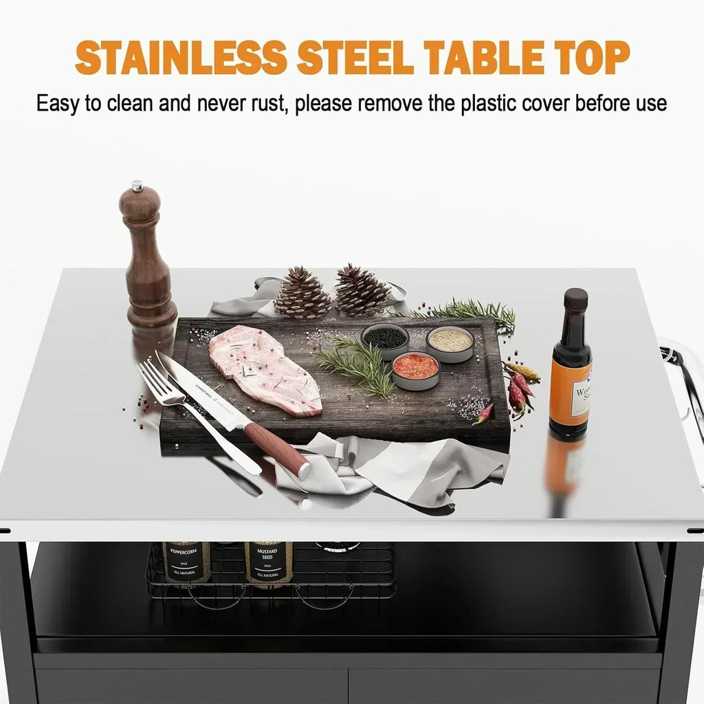Stainless Steel Outdoor Grill Cart Pizza Oven Stand Trolley Table with Wheels Three-Shelf wourant