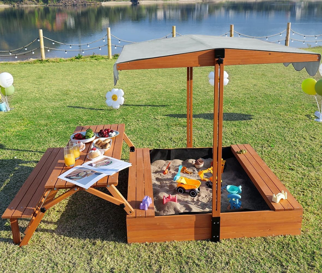Wooden Kids Sandbox with Lid Outdoor Sand Box with Picnic Table Foldable Sandpit with Cover wourant