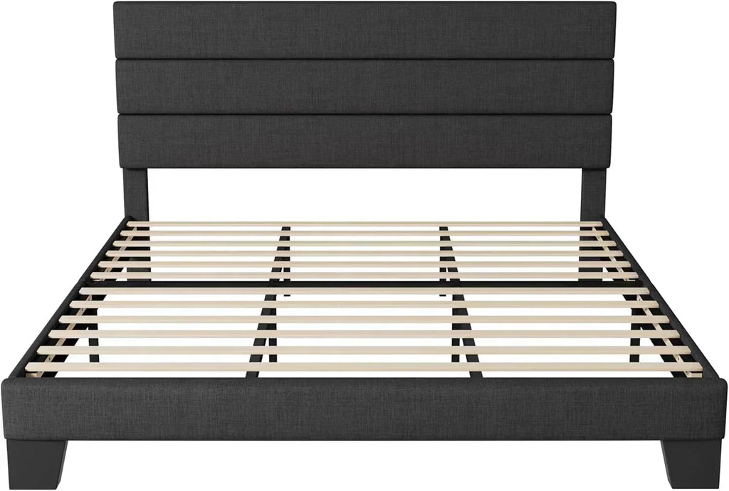 Allewie Queen Size Platform Bed Frame with Fabric Upholstered Headboard Wooden Slats Support wourant