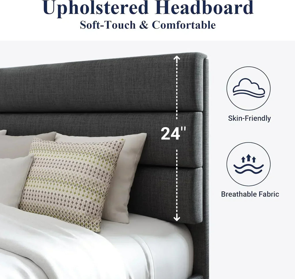 Allewie Queen Size Platform Bed Frame with Fabric Upholstered Headboard Wooden Slats Support wourant