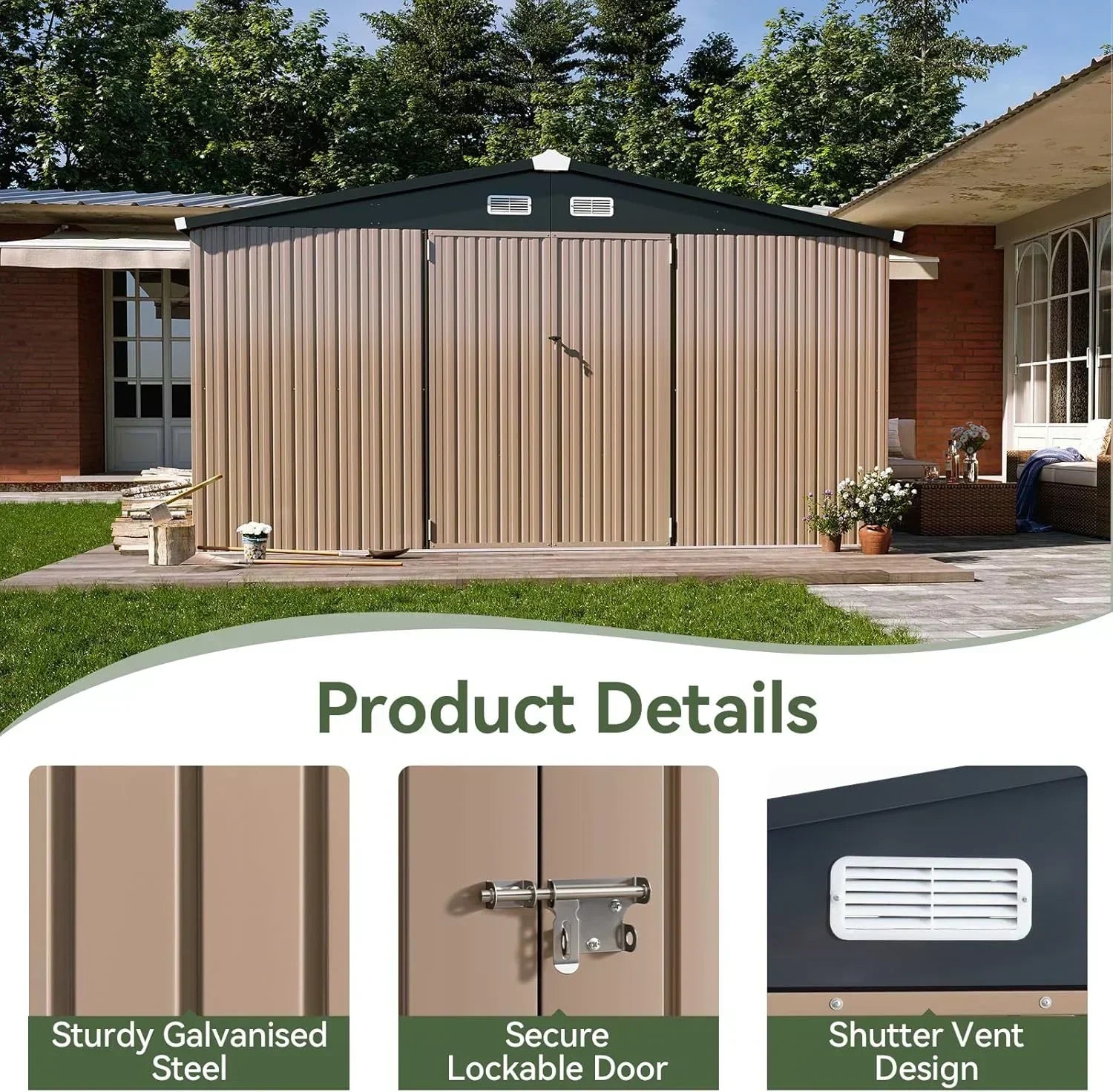 Aoxun 12x10 FT Shed Metal Outdoor Waterproof Storage Shed Steel Utility Garden Tool Shed wourant