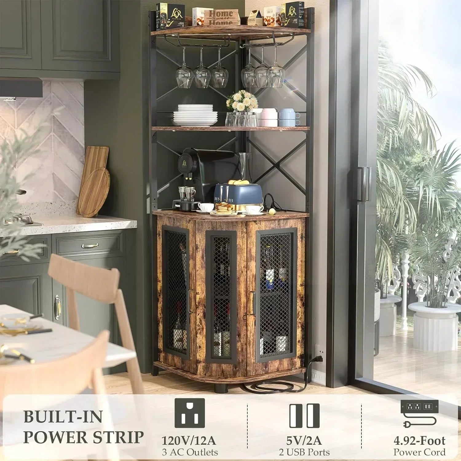 Corner bar cabinet with power socket industrial style wine cabinet light strip and glass rack wourant