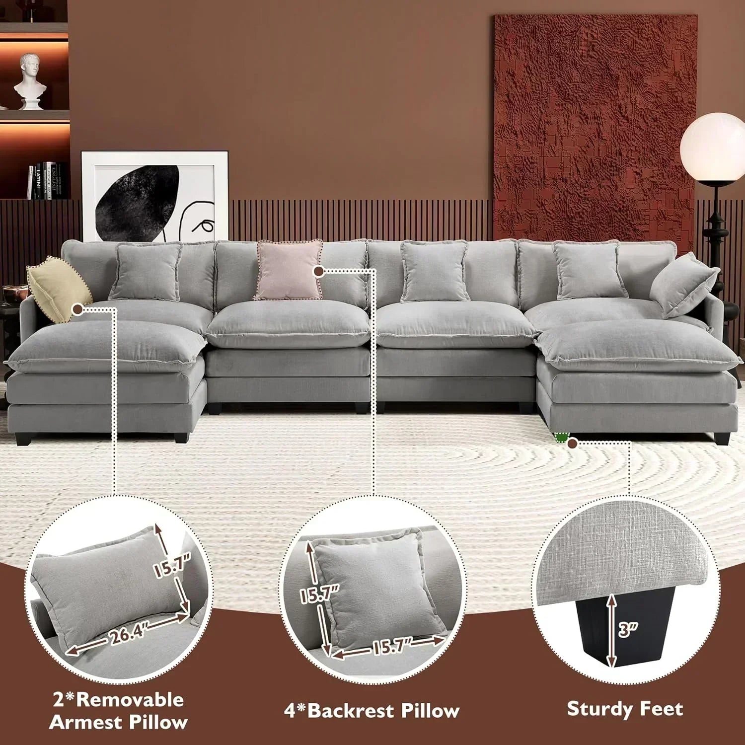 ihanherry 146-inch U-shaped modern sofa modular area cloud sofa wourant