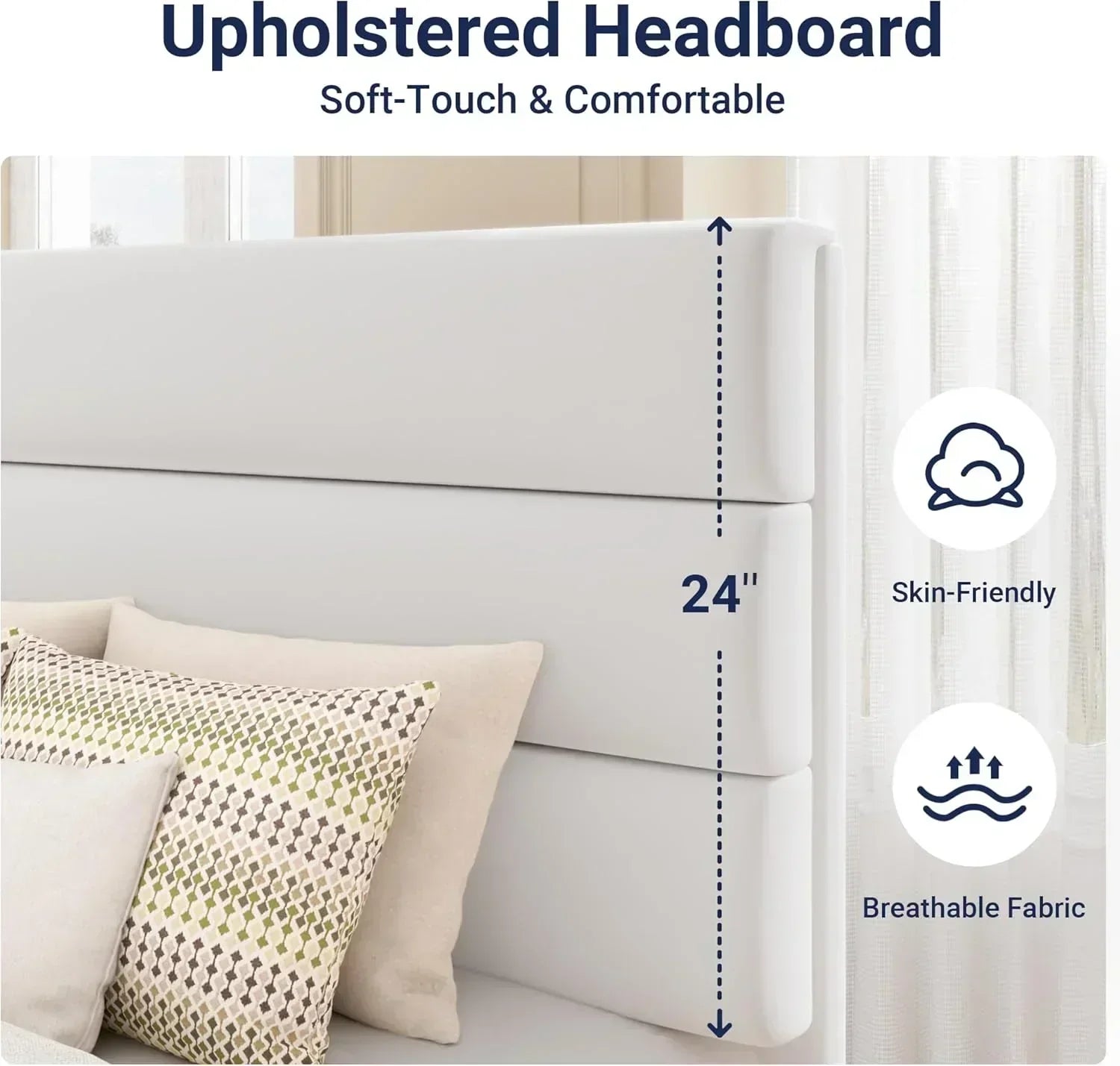 Allewie King size platform bed frame with velvet upholstered headboard and planks wourant