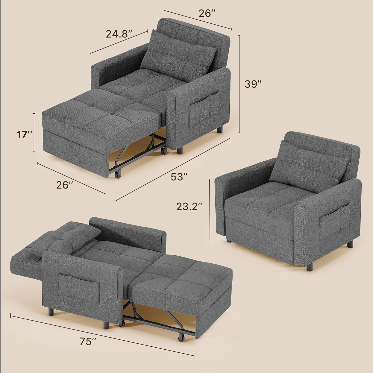 Sofa Bed Chair 3 in 1 Convertible Pullout Single Sleeper Chair Bed Spacious Multifunctional Sofa wourant