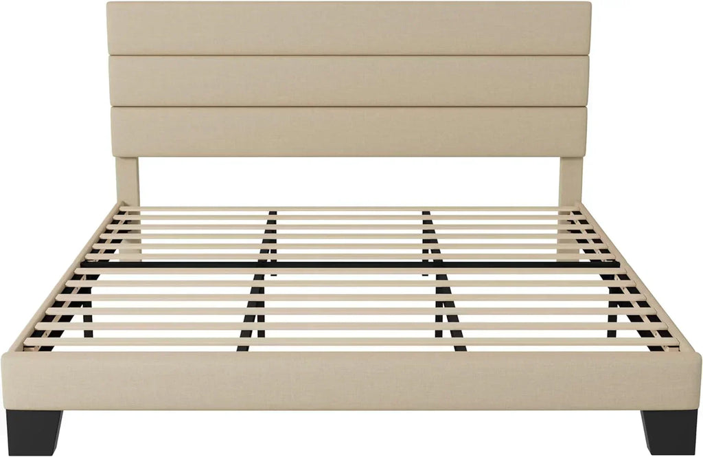 Allewie King size platform bed frame with velvet upholstered headboard and planks wourant