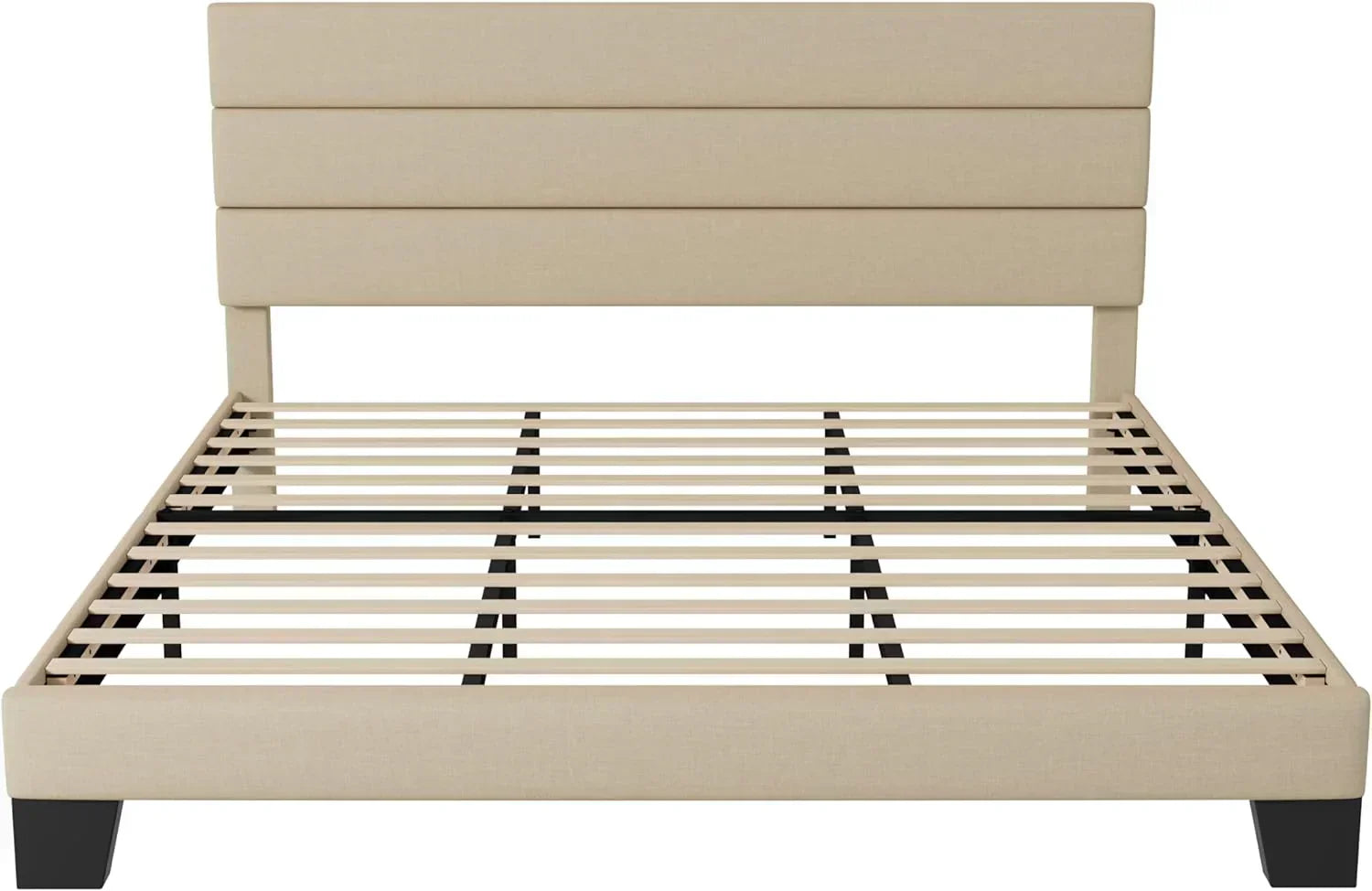 Allewie King size platform bed frame with velvet upholstered headboard and planks wourant