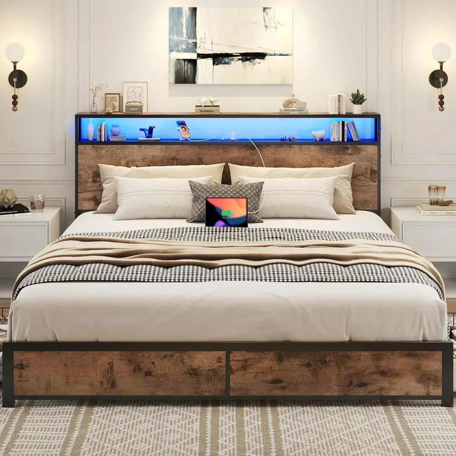 Lifezone Queen Bed Frame 2-Tier Storage Headboard Metal Platform Bed Frame 4 Storage Drawers wourant