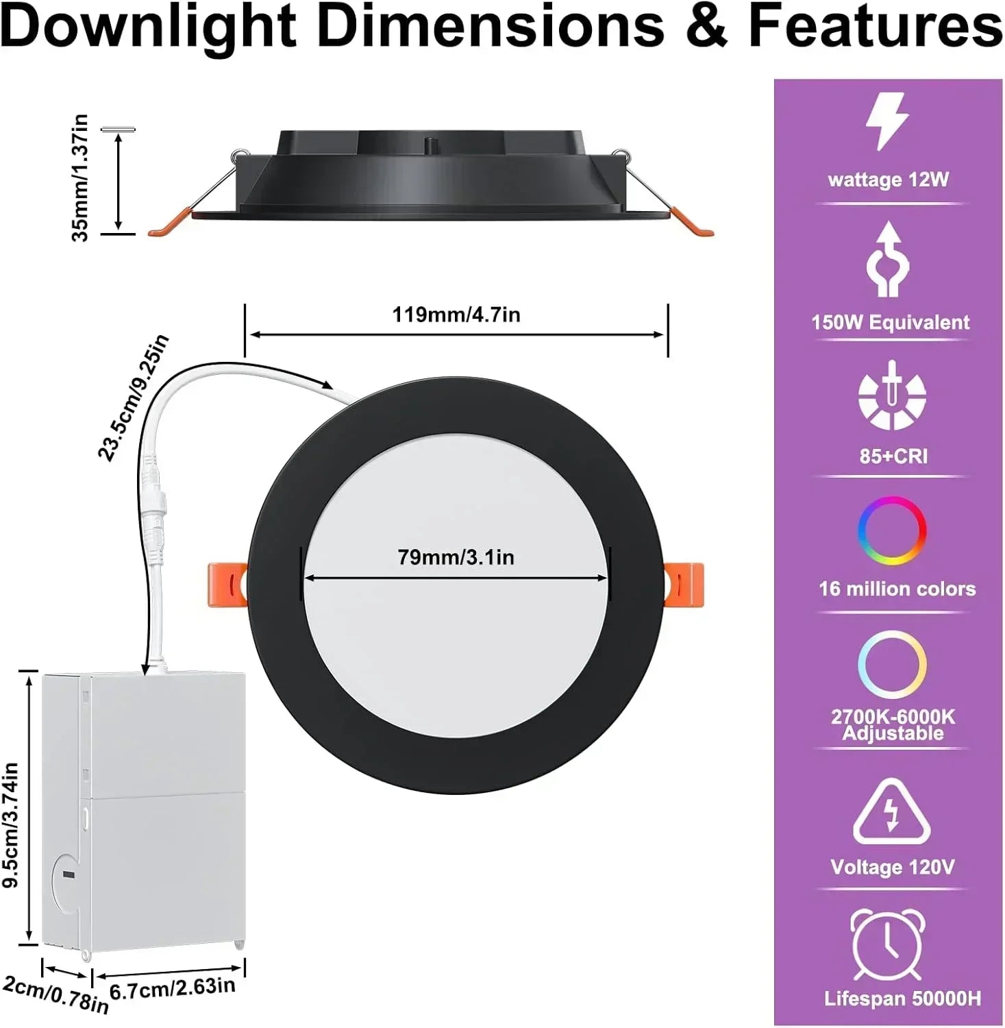 Smart Recessed Lighting 4" RGBCW Color Changing 12W LED Downlight with Junction Box wourant