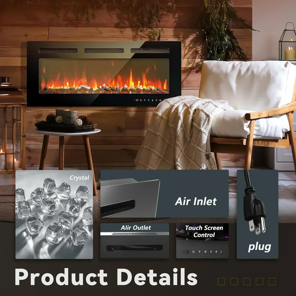 EUHOMY 50 Inch Electric Fireplace Wall Recessed Adjustable Flame Color Fireplace Heater wourant