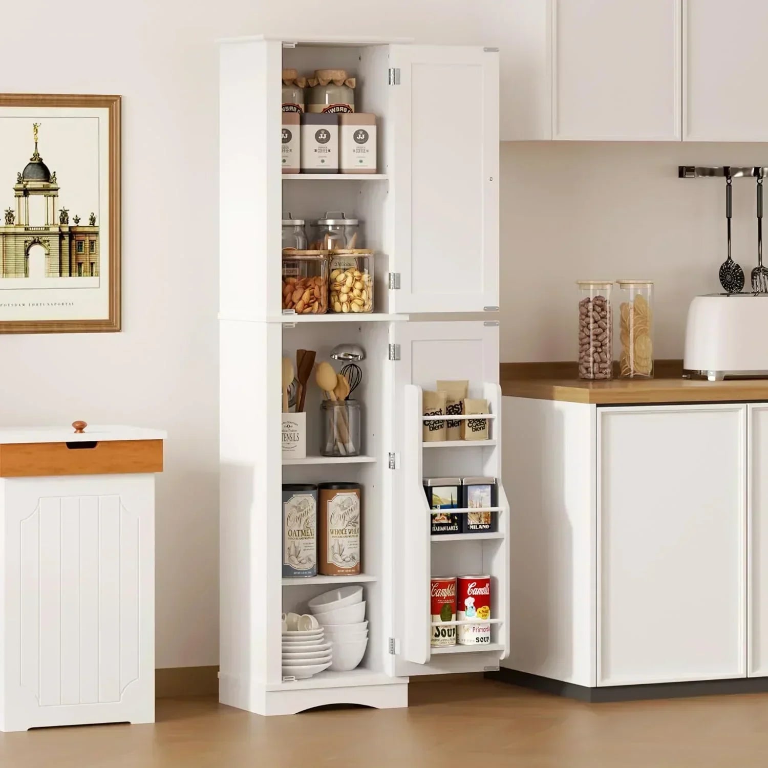 Tall Pantry Cabinet Freestanding Storage Cabinet Wooden Kitchen Pantry with 4 Doors wourant