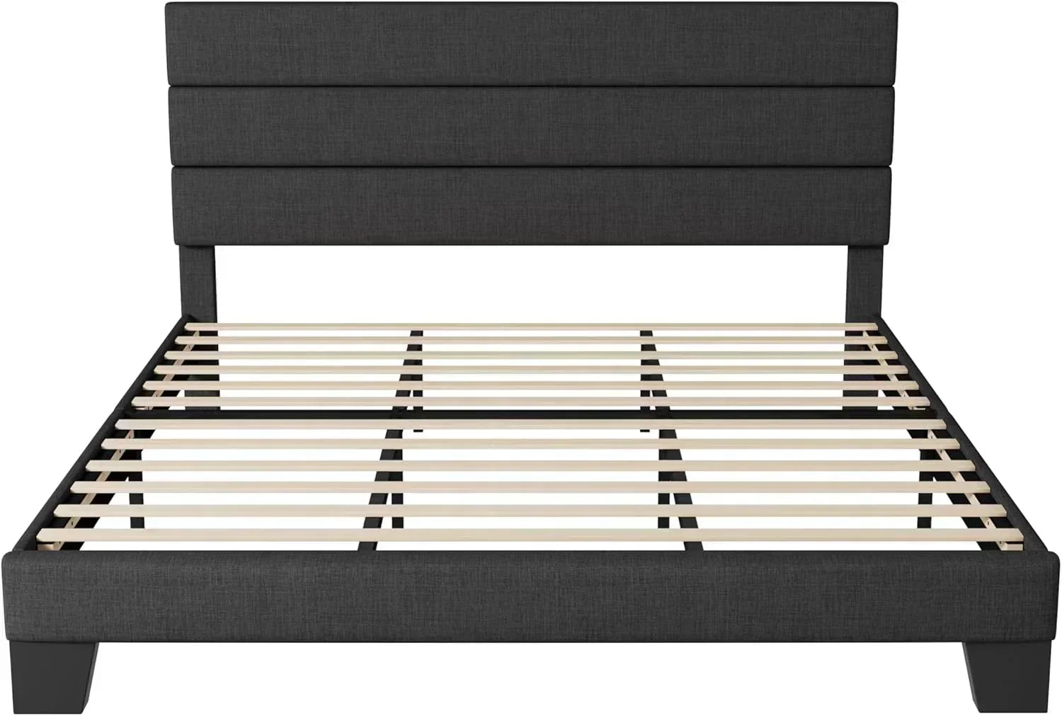 Allewie King size platform bed frame with velvet upholstered headboard and planks wourant