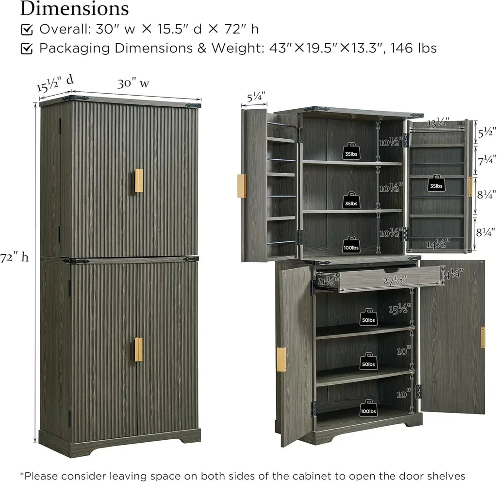 Fluted Pantry Cabinet 72" Tall Modern Storage Cabinet with 4 Doors Organizer Drawer wourant