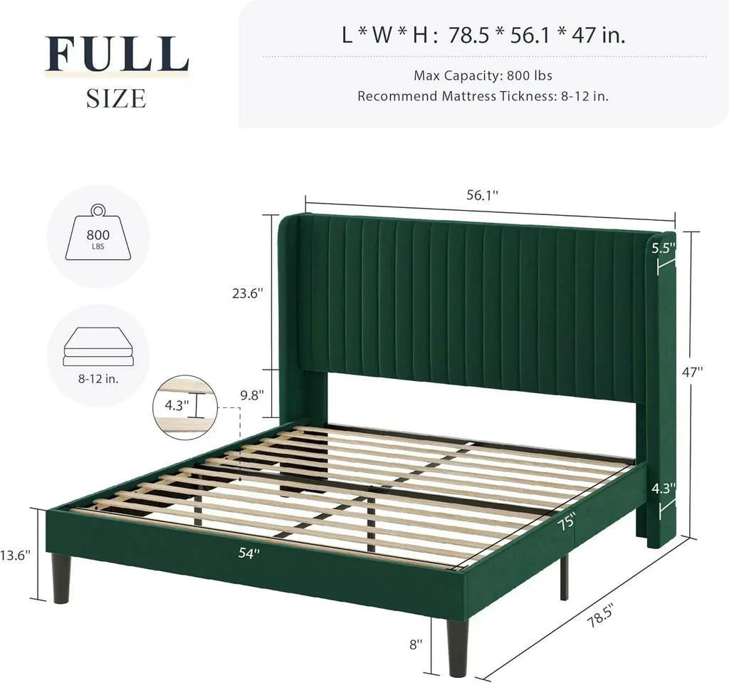 Allewie Full Size Velvet Bed Frame Vertical Channel Tufted Wingback Headboard Upholstered Bed wourant