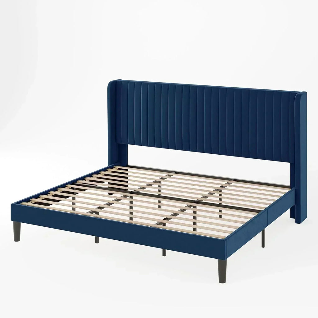 Allewie Full Size Velvet Bed Frame Vertical Channel Tufted Wingback Headboard Upholstered Bed wourant