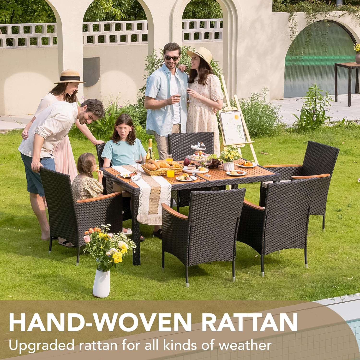 Devoko Dining 7 PCS Furniture Patio Conversation Set with Acacia Wood Table Top Rattan Outdoor wourant