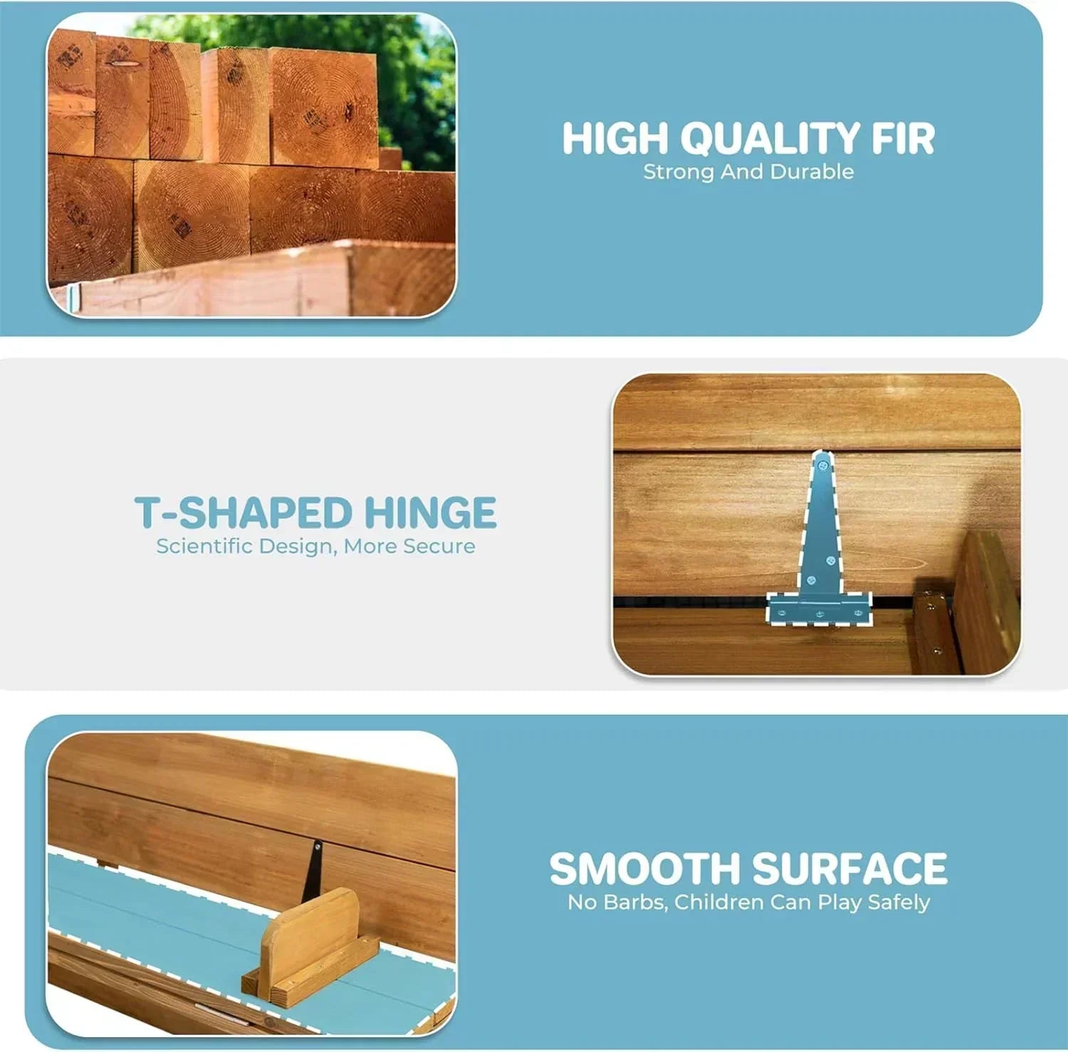 Kids Sandbox with Lid Wooden Sand Box Cover Outdoor UV-Protection Natural Wood Foldable Bench Seat wourant