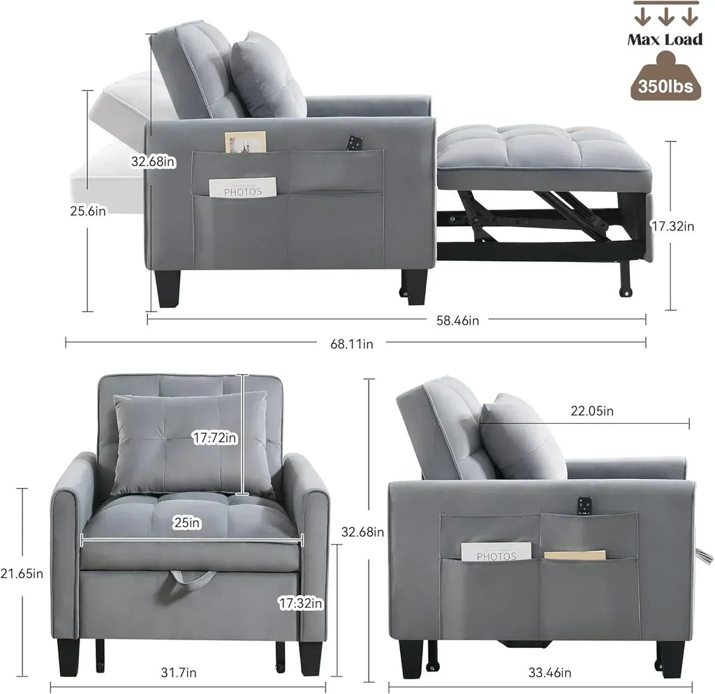 Convertible Sleeper Chair 3 in 1 Sleeper Chair Bed Pull Out Sofa Bed Chairs Velvet Single Sofa wourant