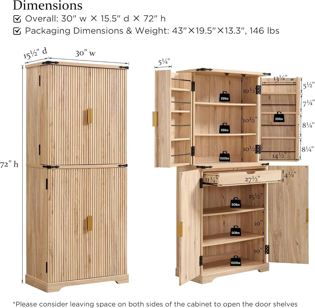 Fluted Pantry Cabinet 72" Tall Modern Storage Cabinet with 4 Doors Organizer Drawer wourant