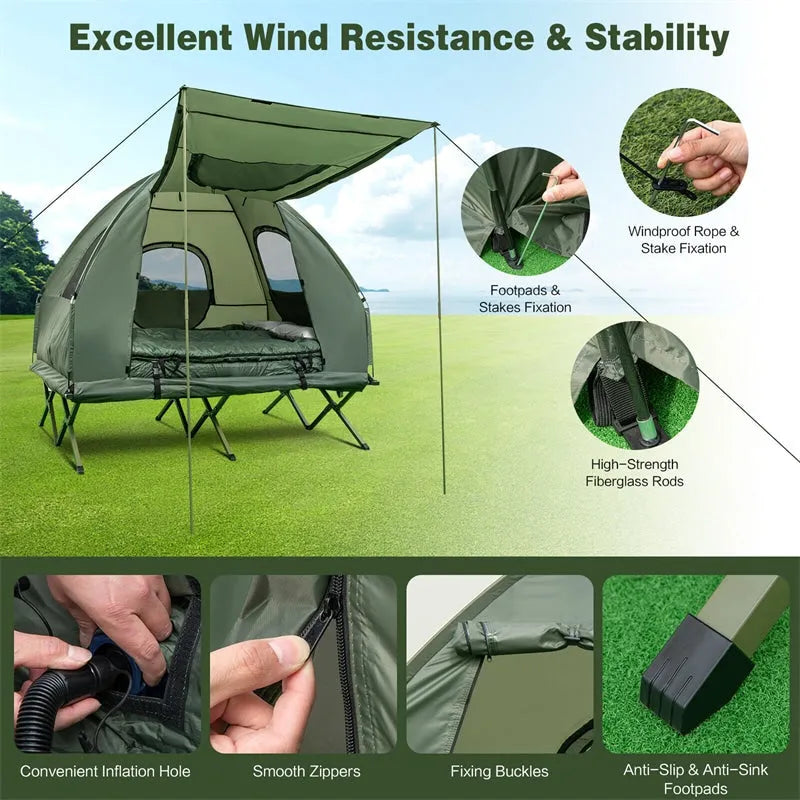 5-in-1 Tent Cot 2-Person Portable Outdoor Camping Tent Combo with Air Mattress Sleeping Bag & Sunshade wourant