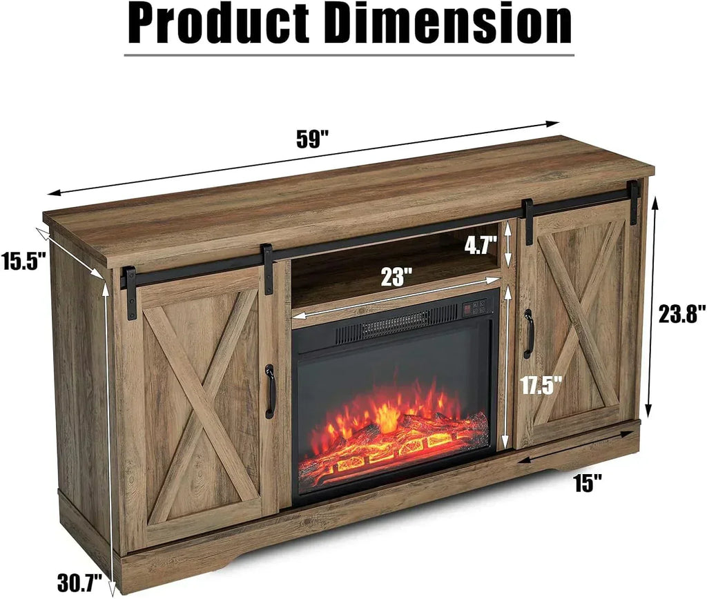 AMERLIFE Fireplace TV Stand with Sliding Barn Door  Farmhouse 63" Fireplace Entertainment Center wourant