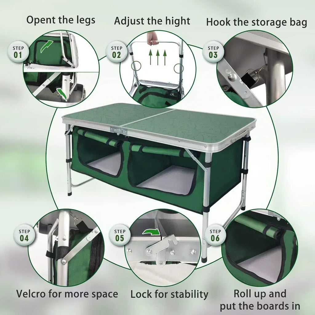 Outdoor Folding Table Aluminum Lightweight Height Adjustable with Storage Organizer wourant