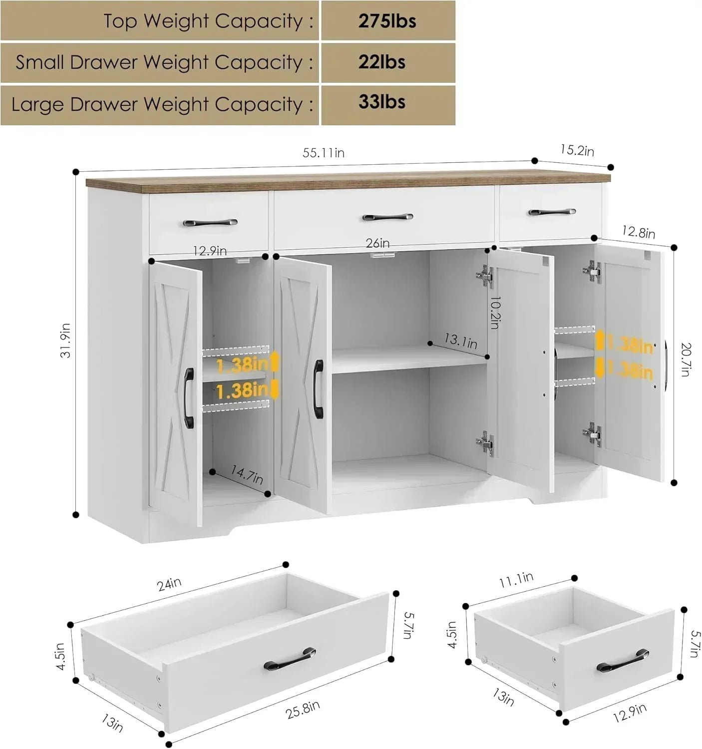 Sideboard with drawers large 55-inch sideboard modern farmhouse wood kitchen dining table wourant
