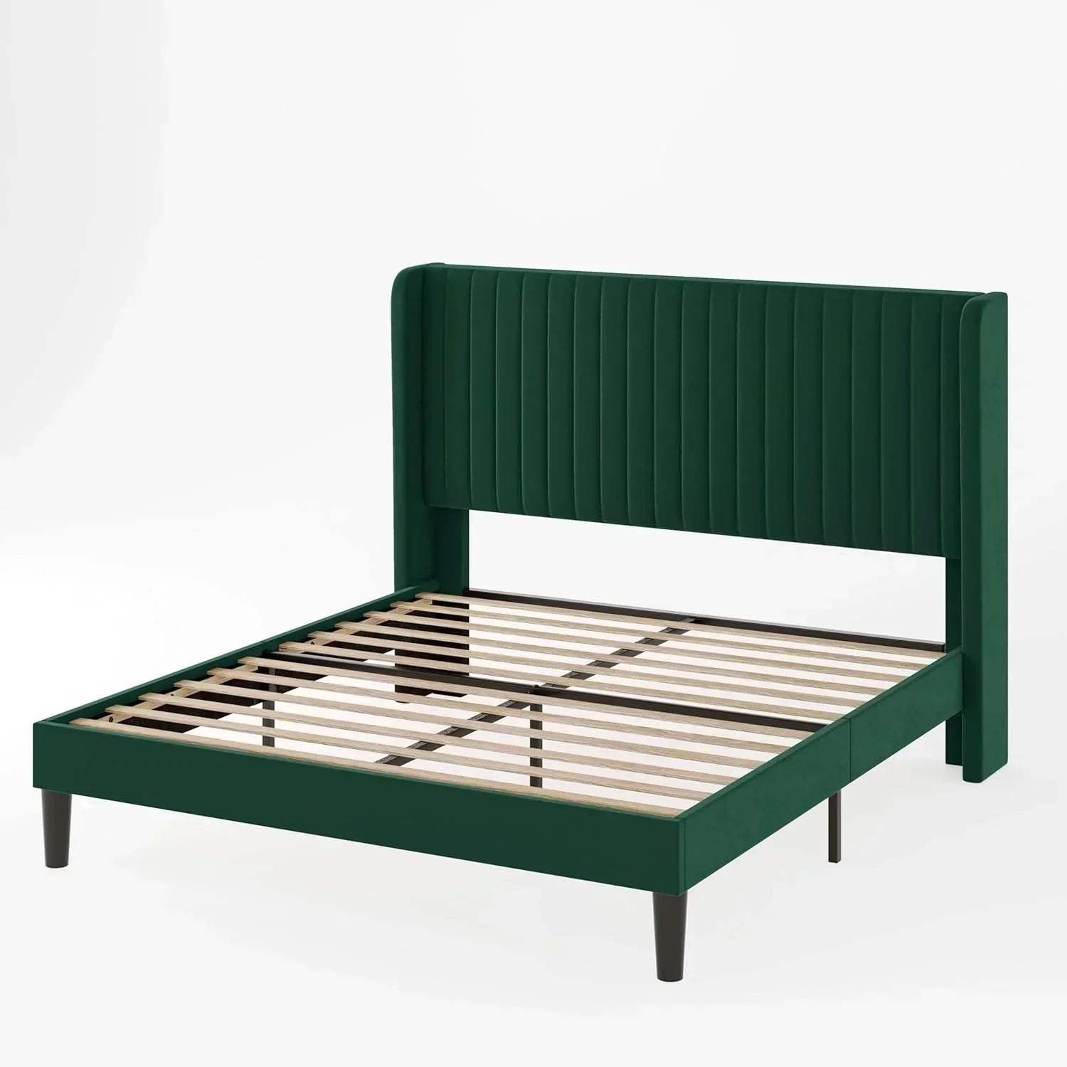 Allewie Full Size Velvet Bed Frame Vertical Channel Tufted Wingback Headboard Upholstered Bed wourant