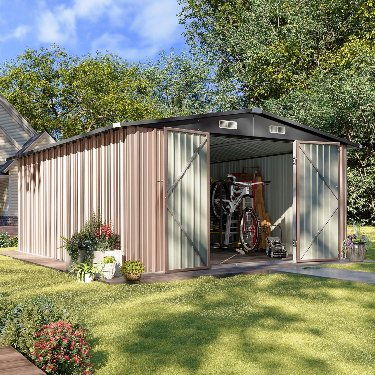 Aoxun 12x10 FT Shed Metal Outdoor Waterproof Storage Shed Steel Utility Garden Tool Shed wourant