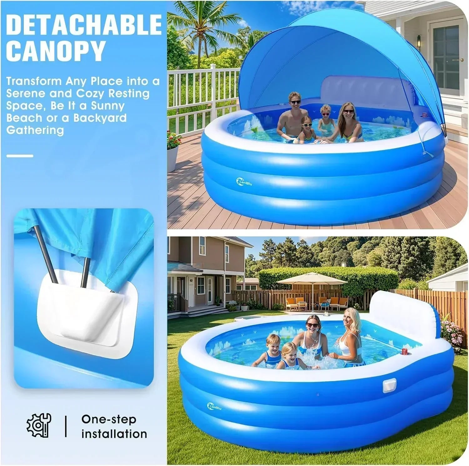 2025 Upgraded Inflatable Pool with Canopy Inflatable Family Lounge Pool Round Blow Up Pool wourant