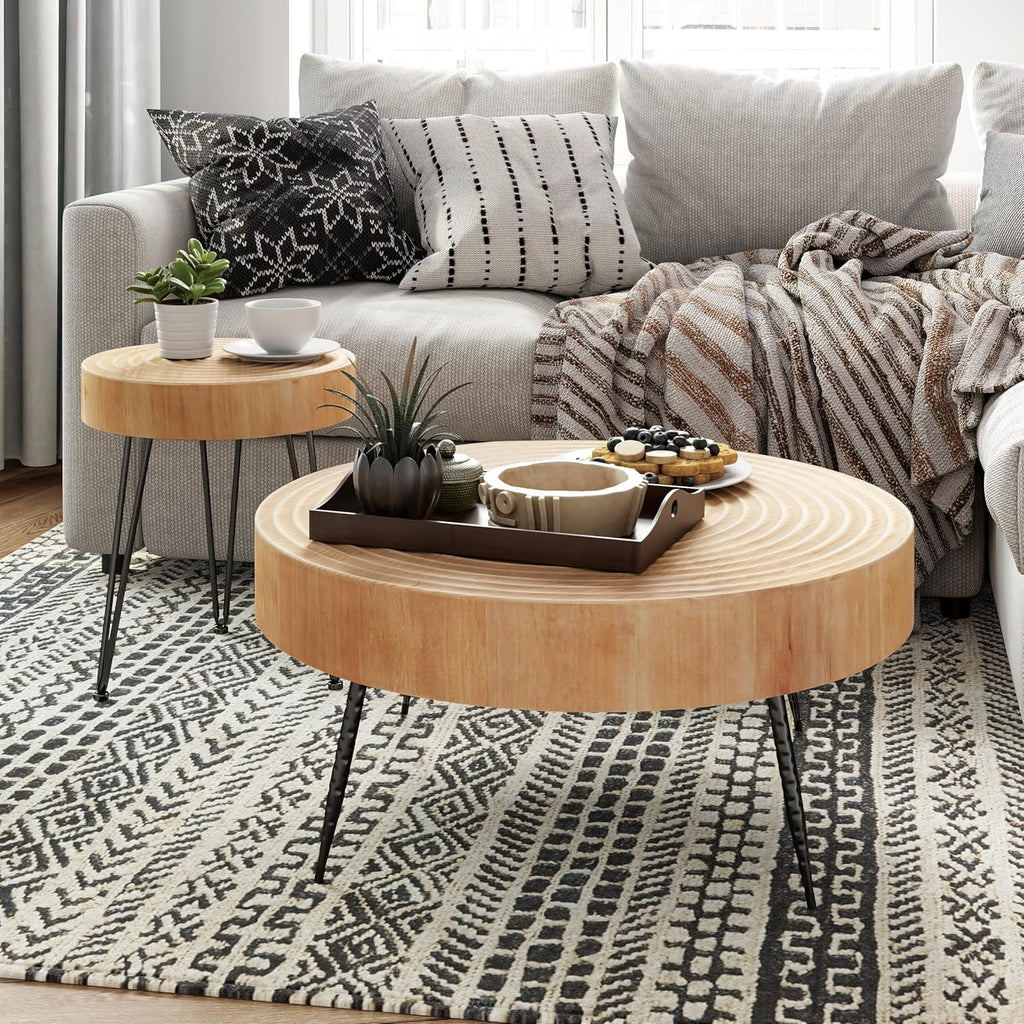 Two-Piece Modern Farmhouse Living Room Coffee Table Set Round Nesting Tables wourant