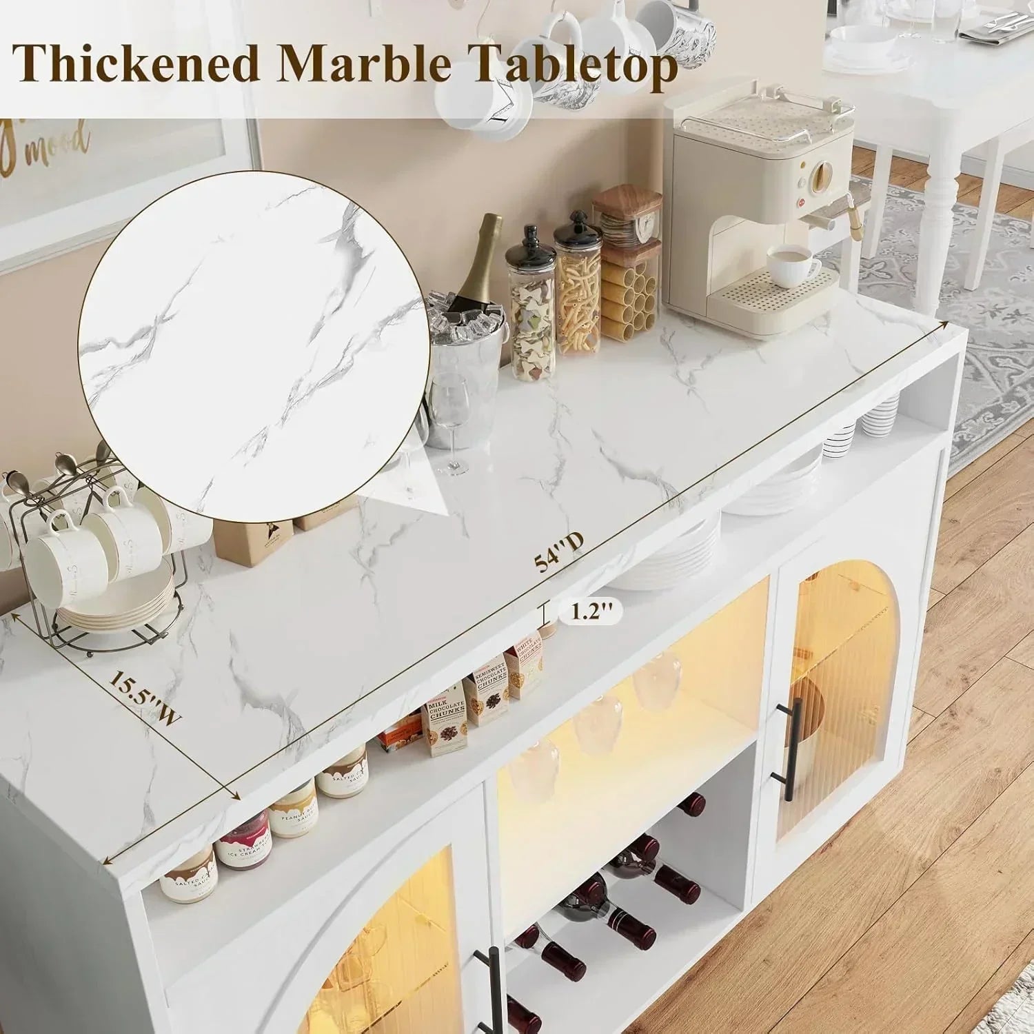Sideboard 54-inch kitchen cabinet with LED lights and arched glass doors tall bar cabinet wourant