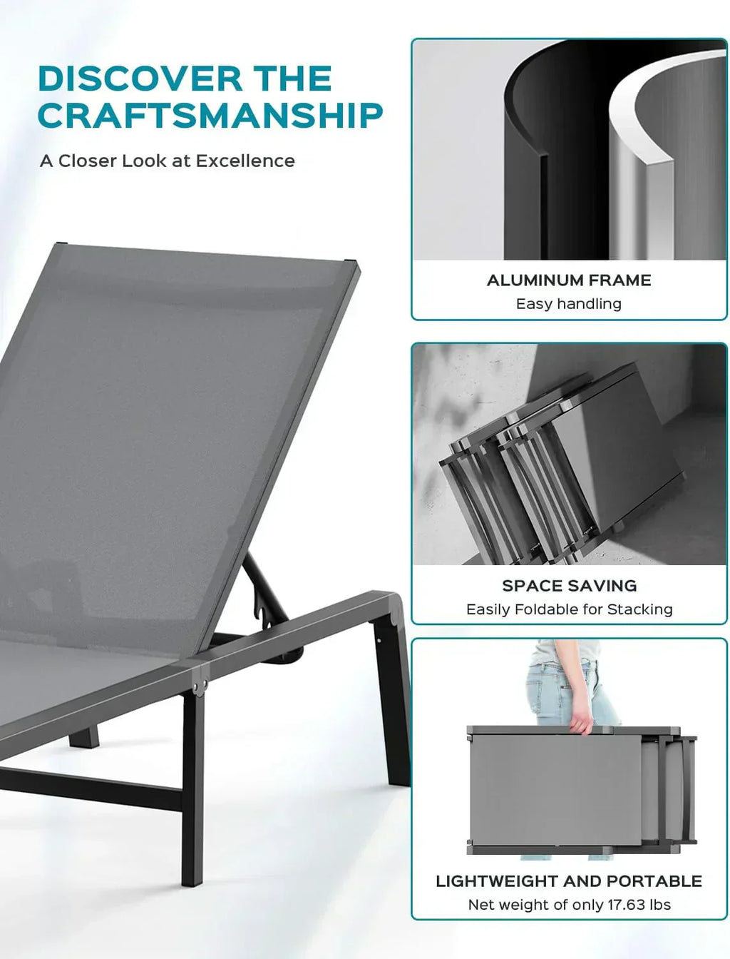 Aluminum Chaise Lounge Outdoor Foldable Assemble Free Outdoor Lounge Chair 5 Adjustable Backrest wourant