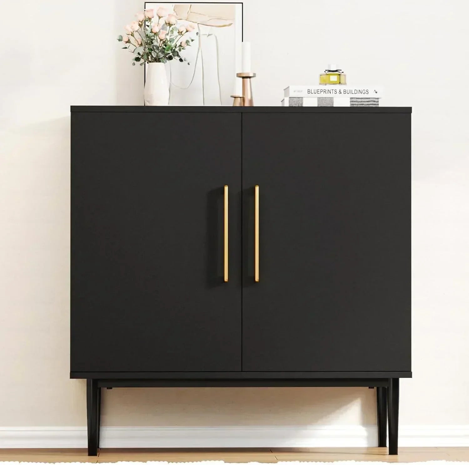 Free Standing Cabinet Black Wood for Living Room Bedroom Dining Room Hallway wourant