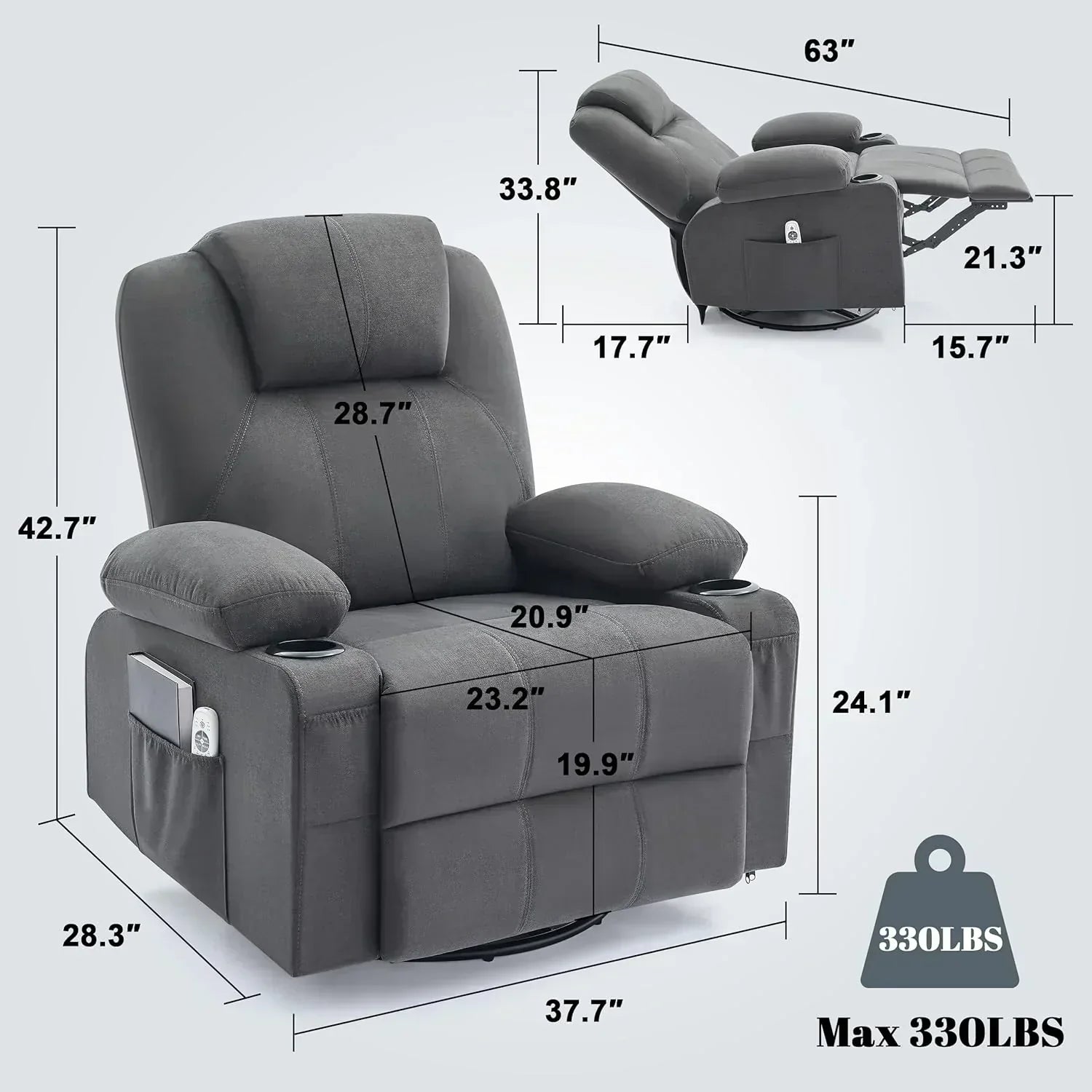 Large Swivel Rocking Recliner with Massage Function 360 Degree Swivel Rocking Single Sofa wourant