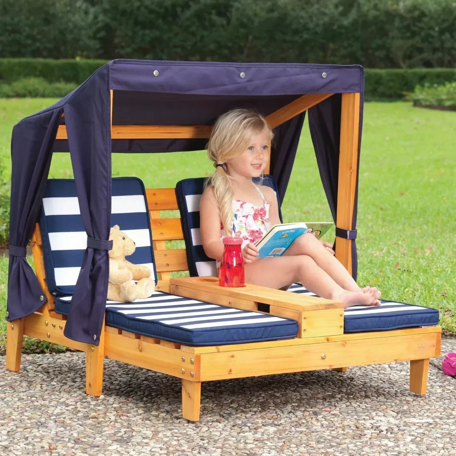 KidKraft Wooden Outdoor Double Chaise Lounge with Cup Holders Kids Patio Furniture Honey wourant