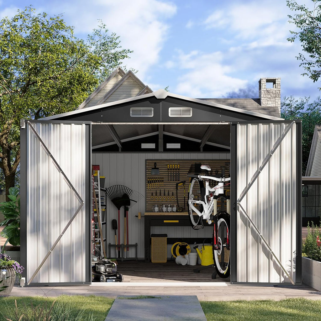 Aoxun 12x10 FT Shed Metal Outdoor Waterproof Storage Shed Steel Utility Garden Tool Shed wourant