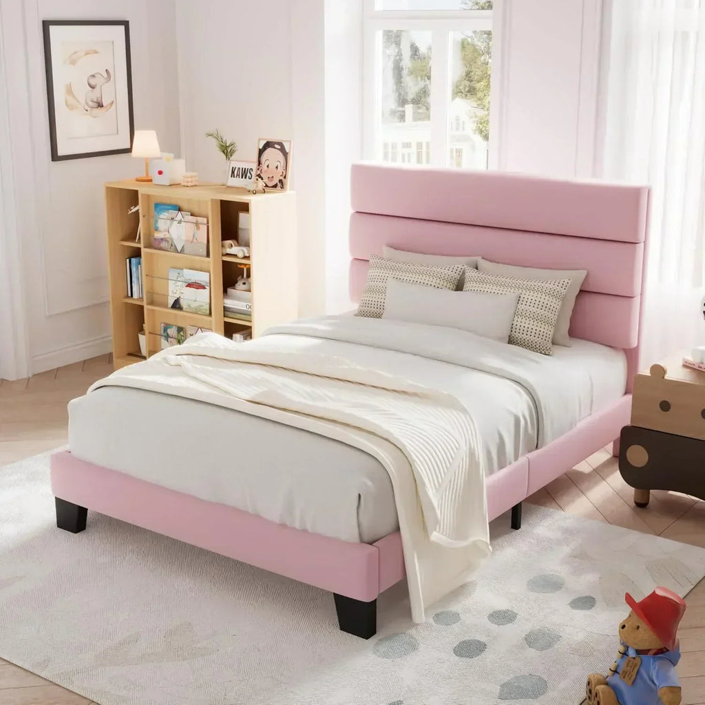 Allewie King size platform bed frame with velvet upholstered headboard and planks wourant