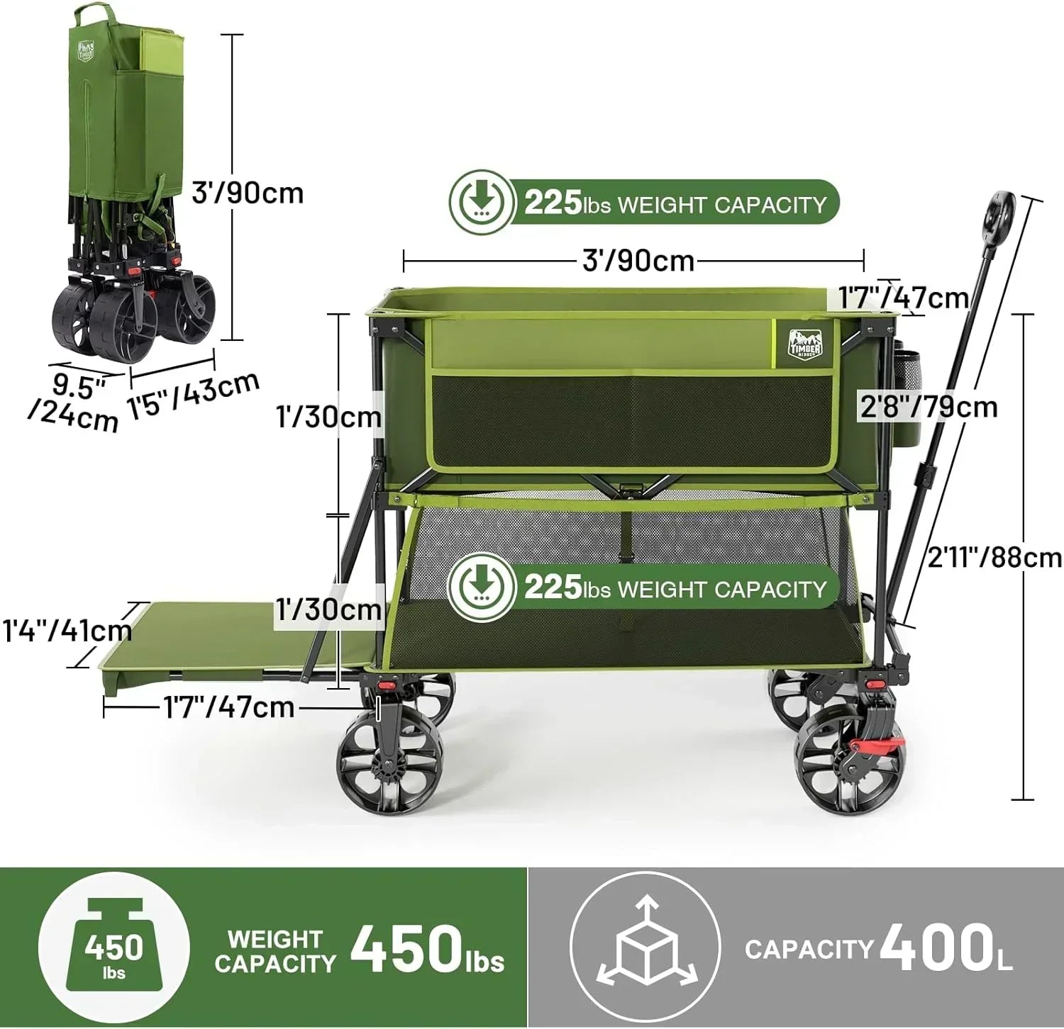 400L Large Capacity Folding Double Decker Cart with Brakes 54 Inch Extra Long Extended Cart wourant