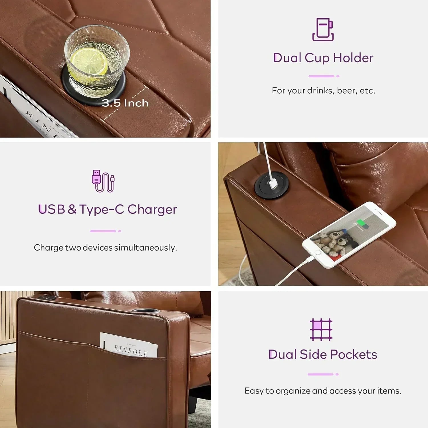 Adult Convertible Sleeper Chair Bed 3-in-1 Pull-Out Sofa Bed with USB/Type-C Ports Cup Holders wourant