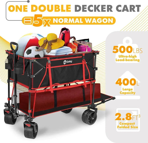 400L Large Capacity Folding Double Decker Wagon with Brakes 50" Extra Long Extender Cart wourant